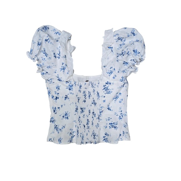 Reformation White Blue Floral Puff Sleeve Square Neck Smocked Crop Top Size 2 - Picture 3 of 9